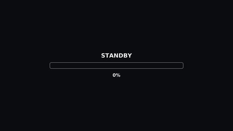 An animation shows a progress bar that fills to 100 percent while displaying the word standby. The background is black, and the color scheme is simple blue and white