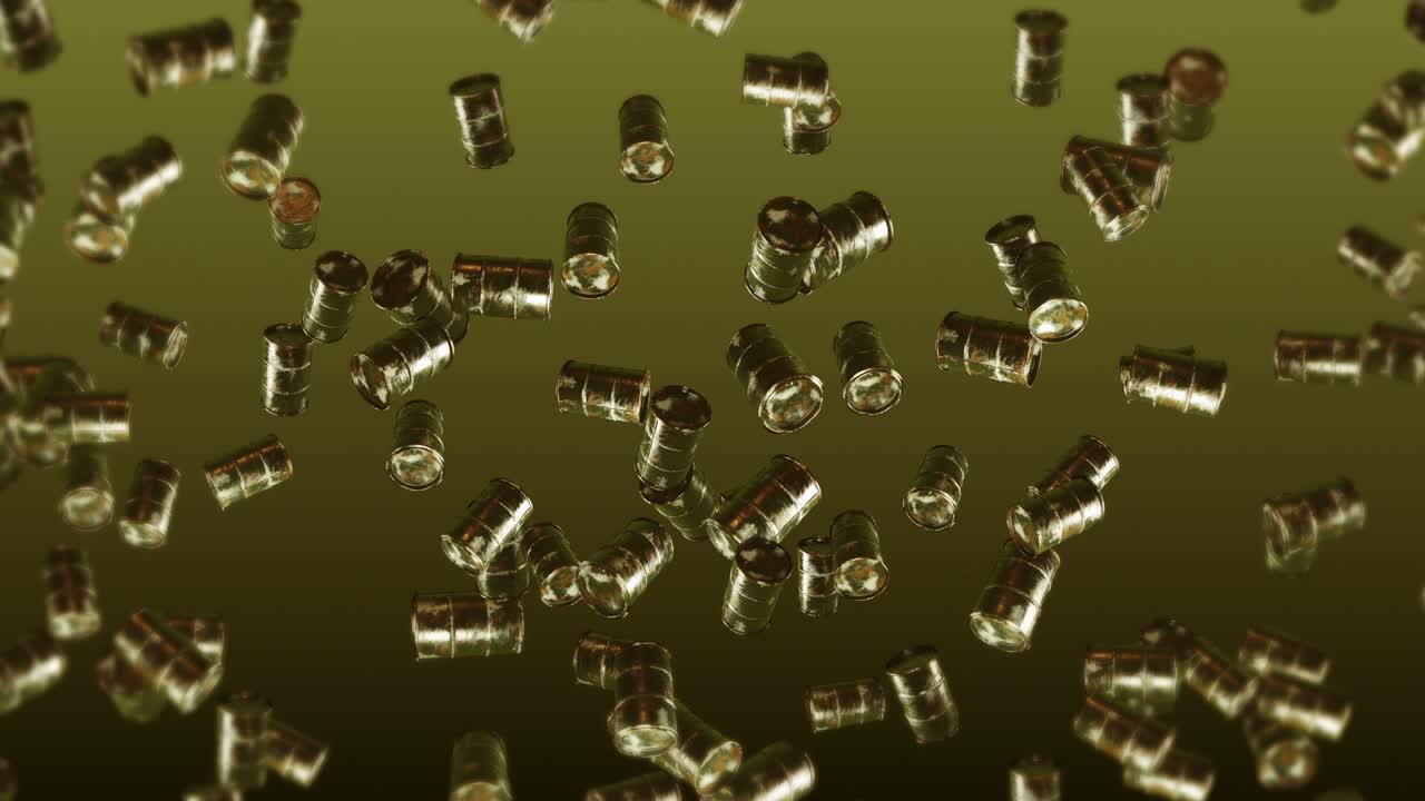 volando muchos tambores de combustible viejos en fondo marrón. industria química, barriles de metal. animación 3d del tanque de petróleo girando. animación de bucle.
