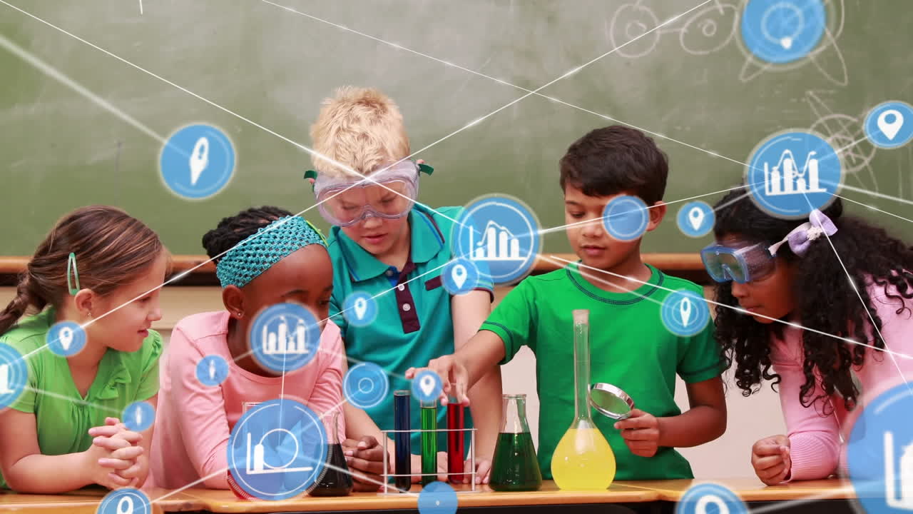 Animation of network of digital icons over diverse students performing experiment in science class