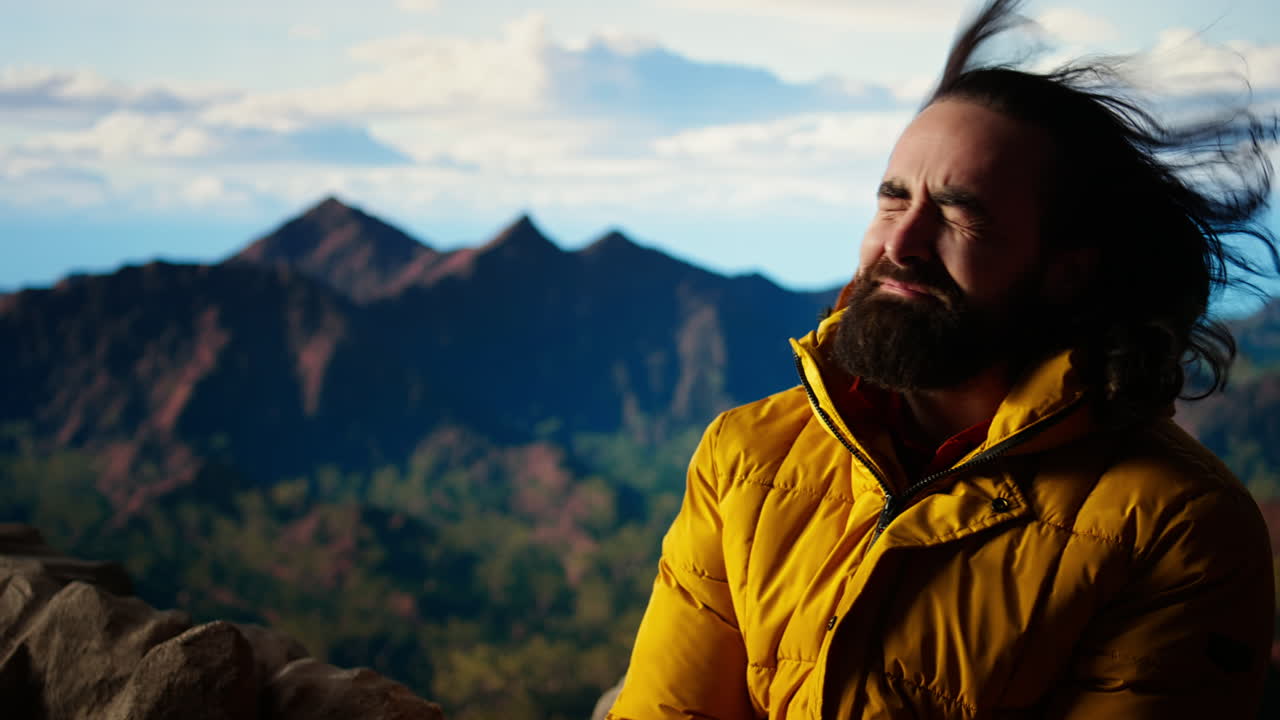 un joven excursionista adulto acampando con su tienda en la cima de una montaña