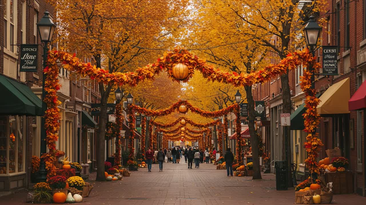 Vibrant Fall Decorations on a Bustling City Street in Autumn