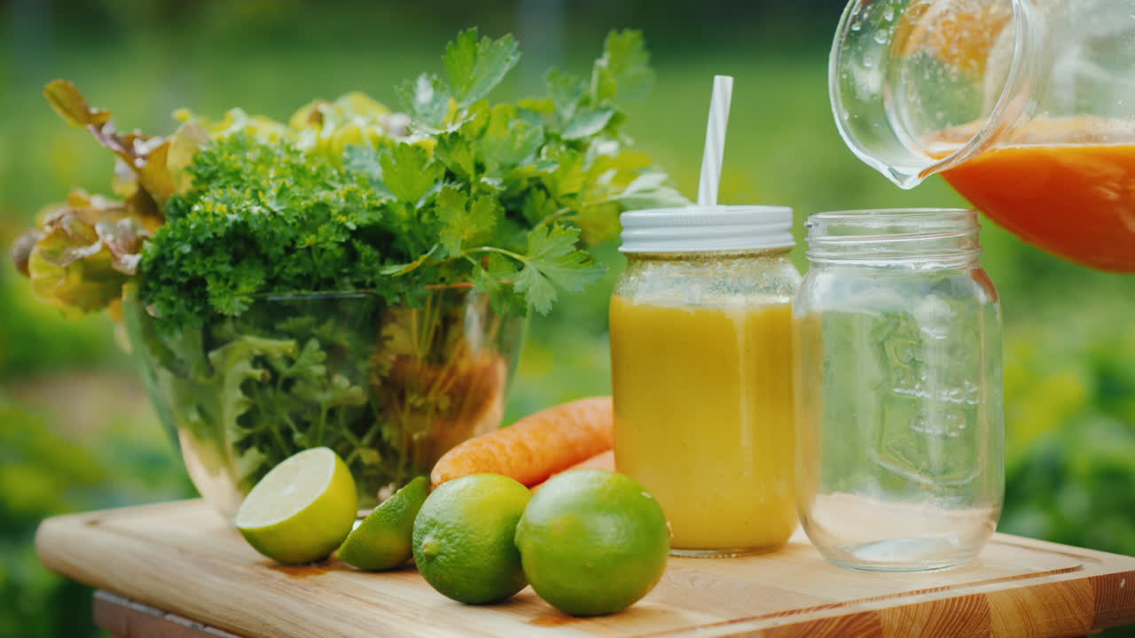 En sunn juice helles ved siden av et utvalg frukt og grønnsaker