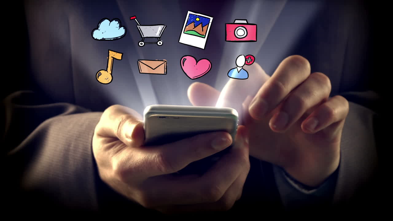 Hand touching digitally generated icon on mobile phone