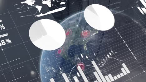 animation of statistics, data processing with globe over warehouse