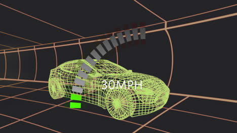 Green wireframe sports car gliding through grid tunnel flaunting 30 MPH speedometer gauge 3D render
