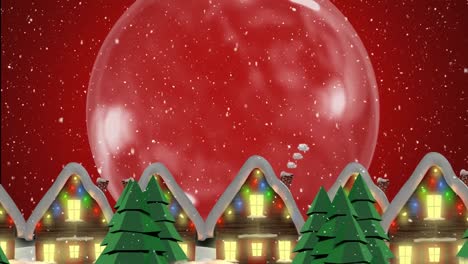 Animation-Von-Schnee,-Der-über-Eine-Schneekugel-Fällt,-Und-Geschmückten-Häusern-Auf-Rotem-Hintergrund