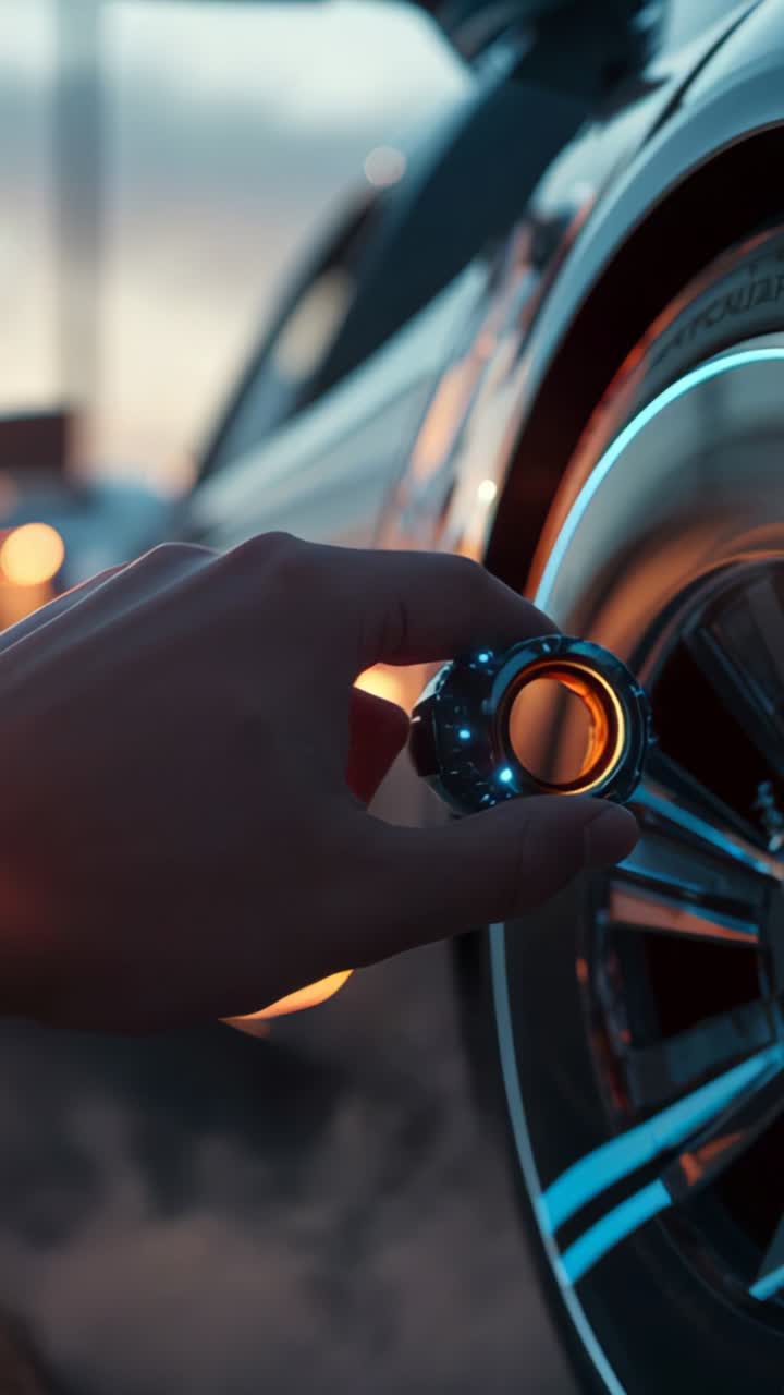 Vertical video: Gripping hand aligning LED ring with silver wheel hub on driveway, activating light