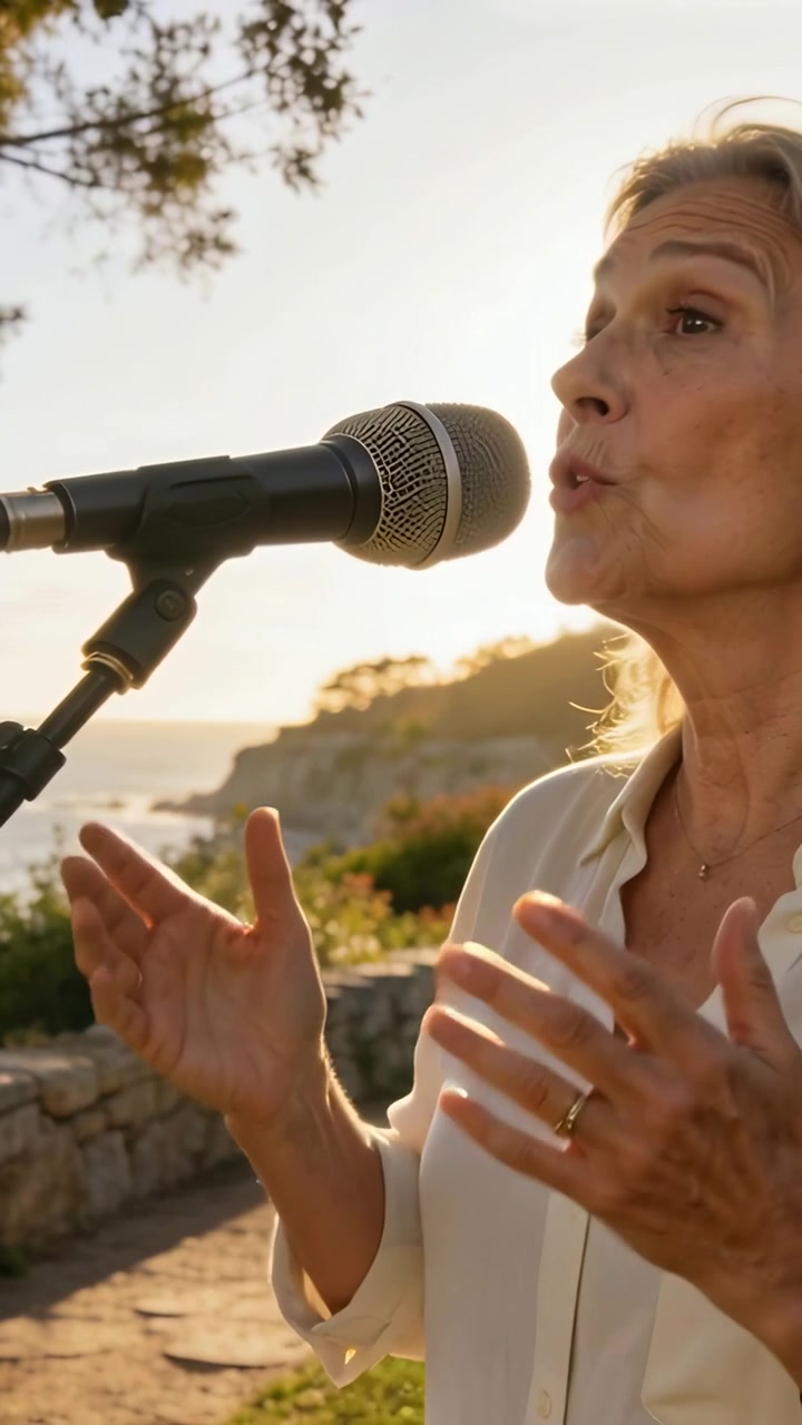Vídeo vertical: Cantora de blusa clara cantando, começando no sinal, projetando a voz no microfone em um caminho costeiro