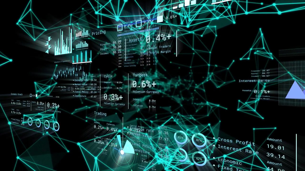 Flythrough starting, teal node web advancing, panels shifting, values shifting to show analytics