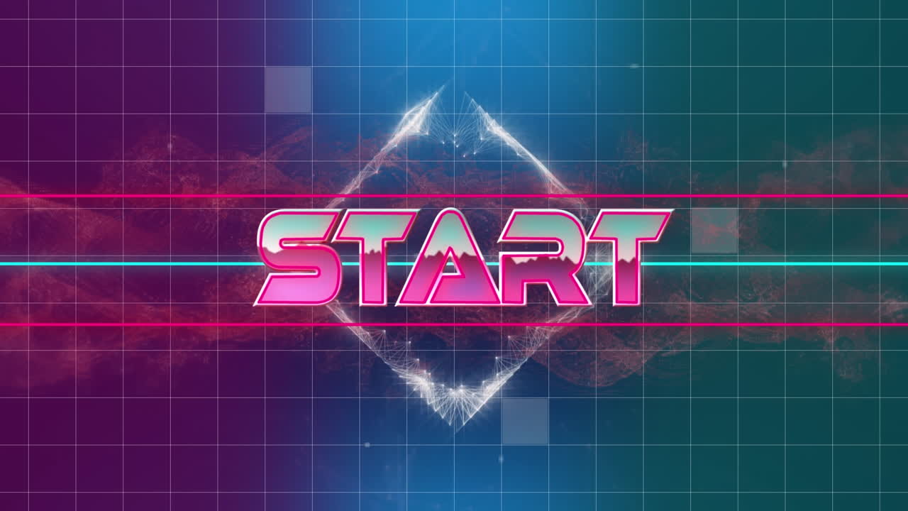 Animation of glitch effect over start text banner and digital wave on purple gradient background