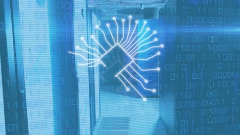 animación de códigos binarios sobre un texto en el chip contra la sala del servidor en segundo plano