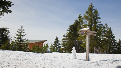 Snowman And Wooden Signpost With Pine Trees And Cabin In The Background In Winter. Wide shot