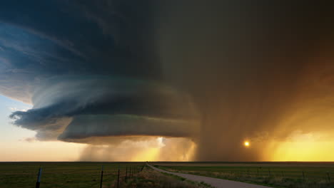 dramatic supercell storm and sunset over a prairie landscape