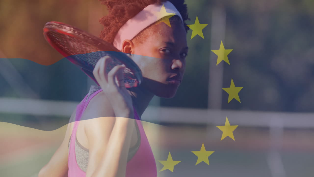 female tennis player swinging racket on court, with wave shapes and stars highlighting fitness