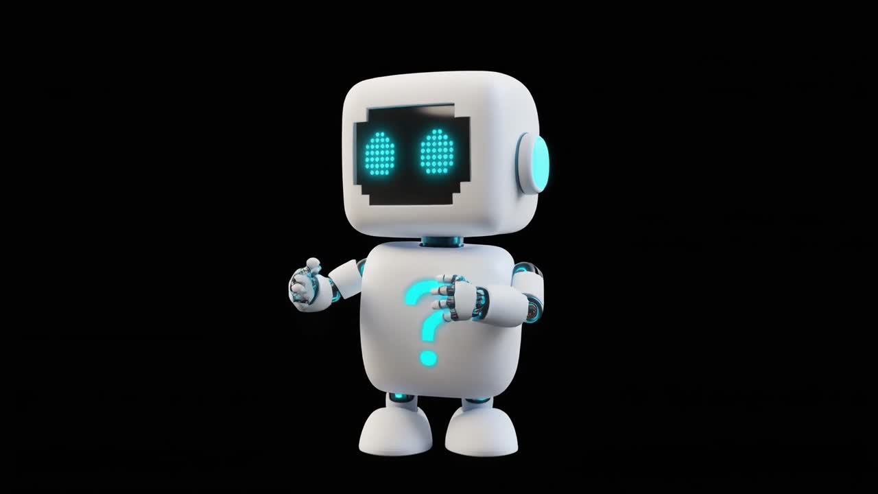Personaggio robot animato in 3D con punto interrogativo
