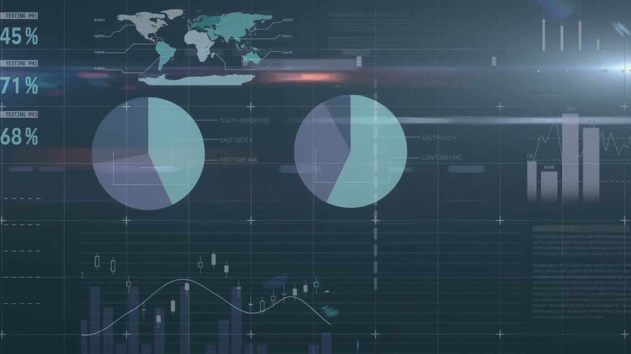 Data and charts on dark green background