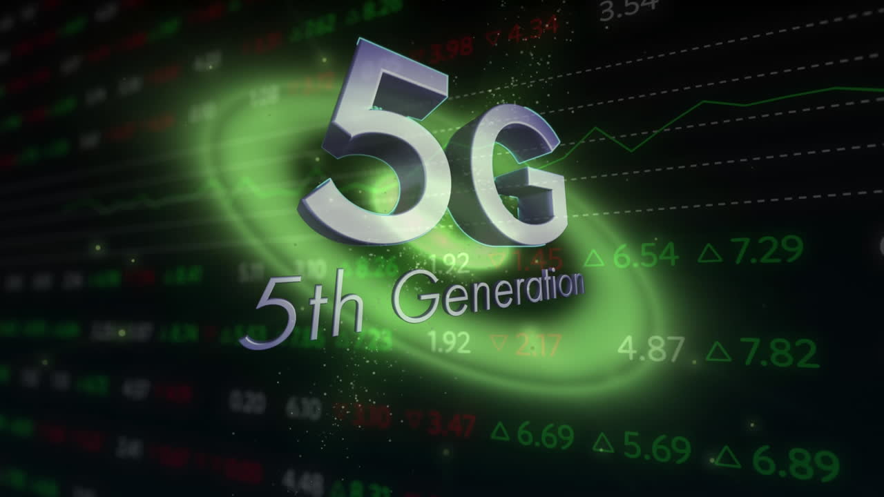 animazione del testo di quinta generazione 5g sull'elaborazione dei dati finanziari in background