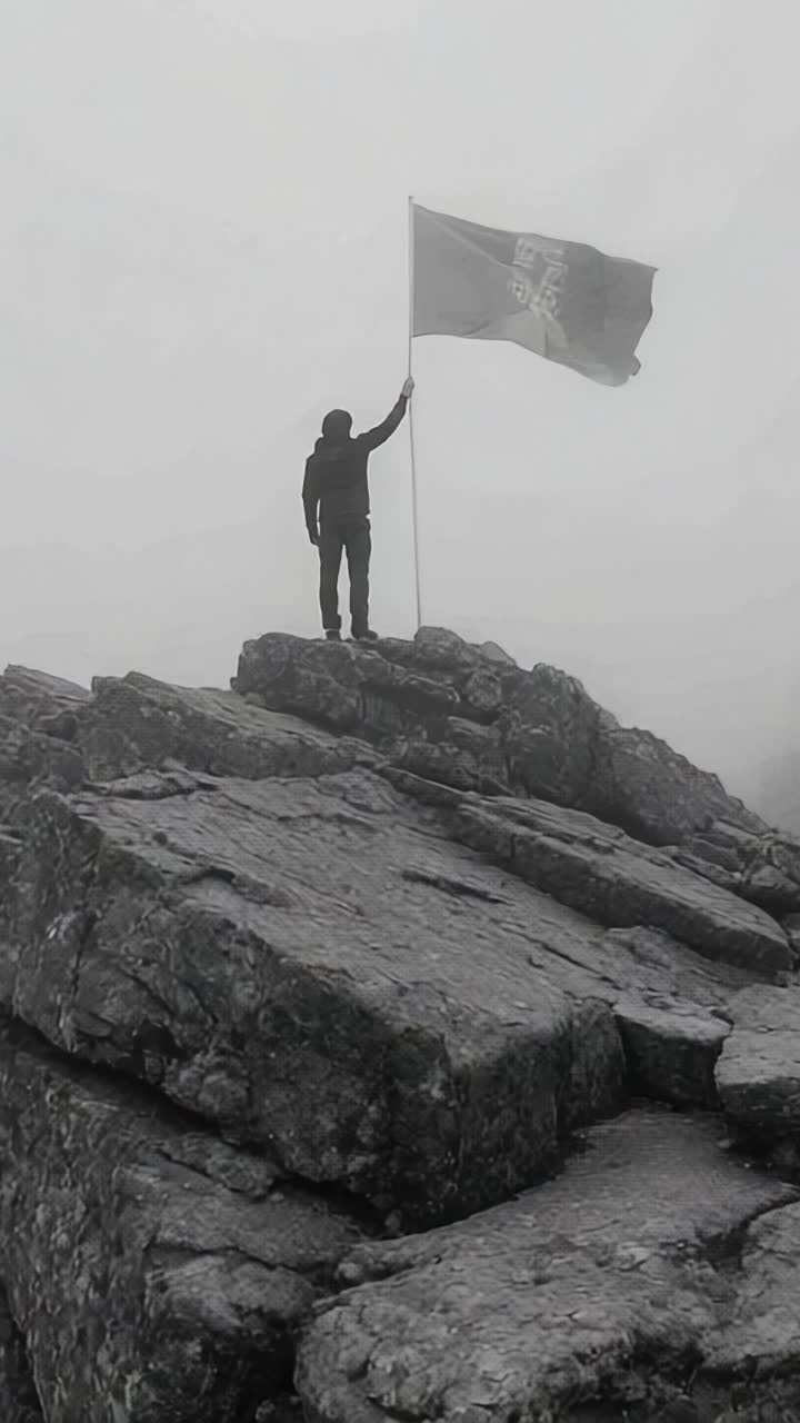 Un valiente individuo de pie sobre rocas escarpadas, sosteniendo con orgullo una bandera contra un fondo brumoso, que simboliza la fuerza y el triunfo sobre la adversidad