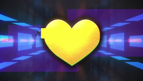 Animation-of-yellow-heart-over-lines-forming-tunnel-against-abstract-background