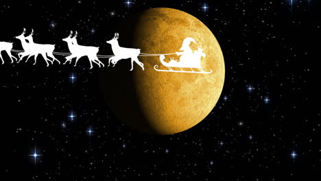 animation of santa claus in sleigh with reindeer over moon and snow falling