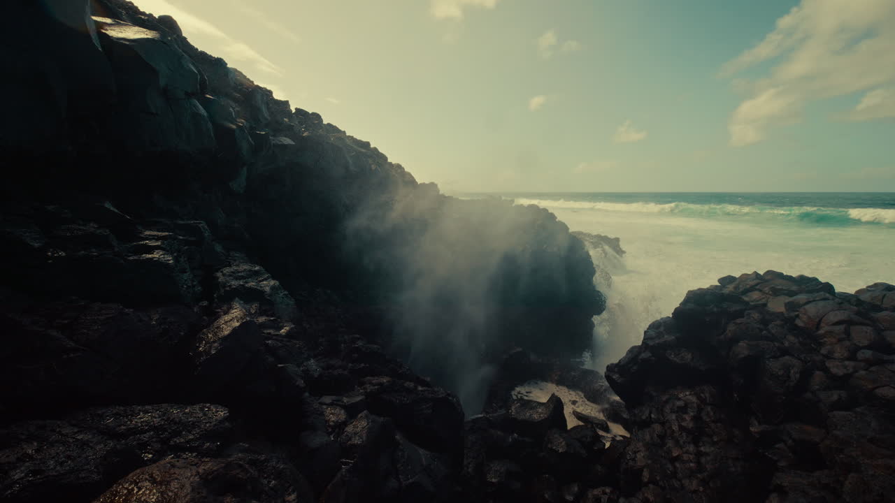 Powerful Ocean Waves Crashing Against Volcanic Cliffs