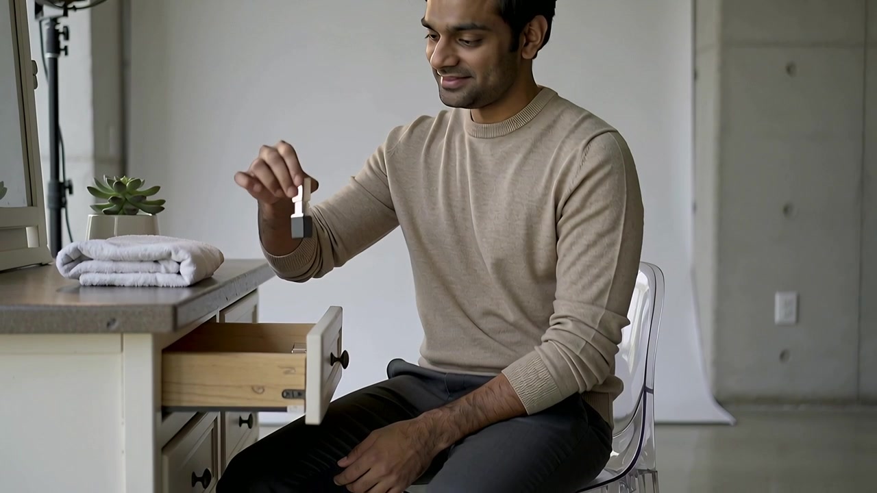 Smiling man wearing beige sweater, reaching into low wooden console at studio, lifting metallic jar