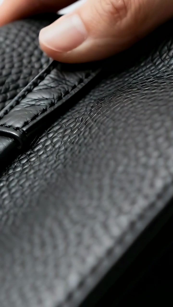 Video vertical: Una mano derecha entra, presionando y probando la costura de un bolso de cuero negro en un estudio.