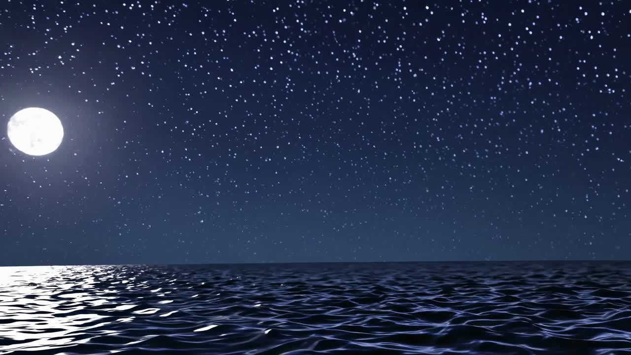 A serene night ocean scene with a full moon and starry sky