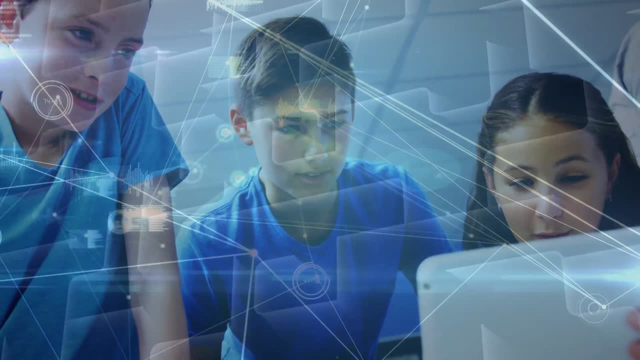 학교에서 노트북을 사용하는 다양한 학생들을 위한 연결 네트워크의 애니메이션