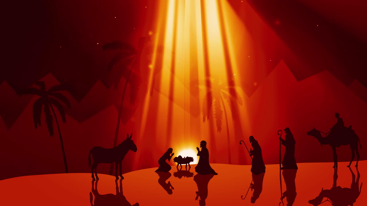 animación de la escena de la natividad de navidad por la noche