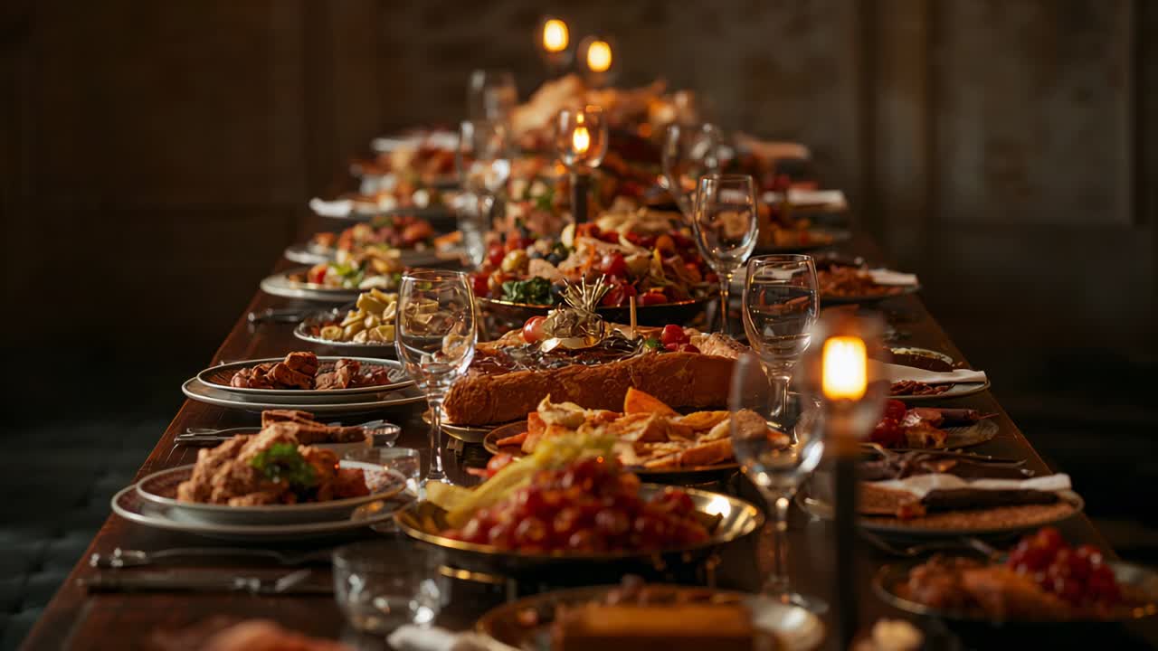 Shifting camera revealing long wooden table in ornate hall, showcasing middle platters wine glasses