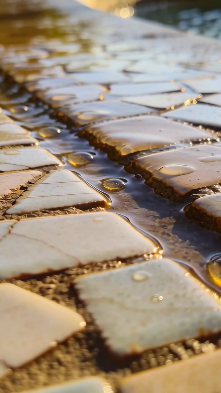 Video vertical: Cámara de seguimiento siguiendo la lechada que retiene agua entre los azulejos, con gotas moviéndose por gravedad.