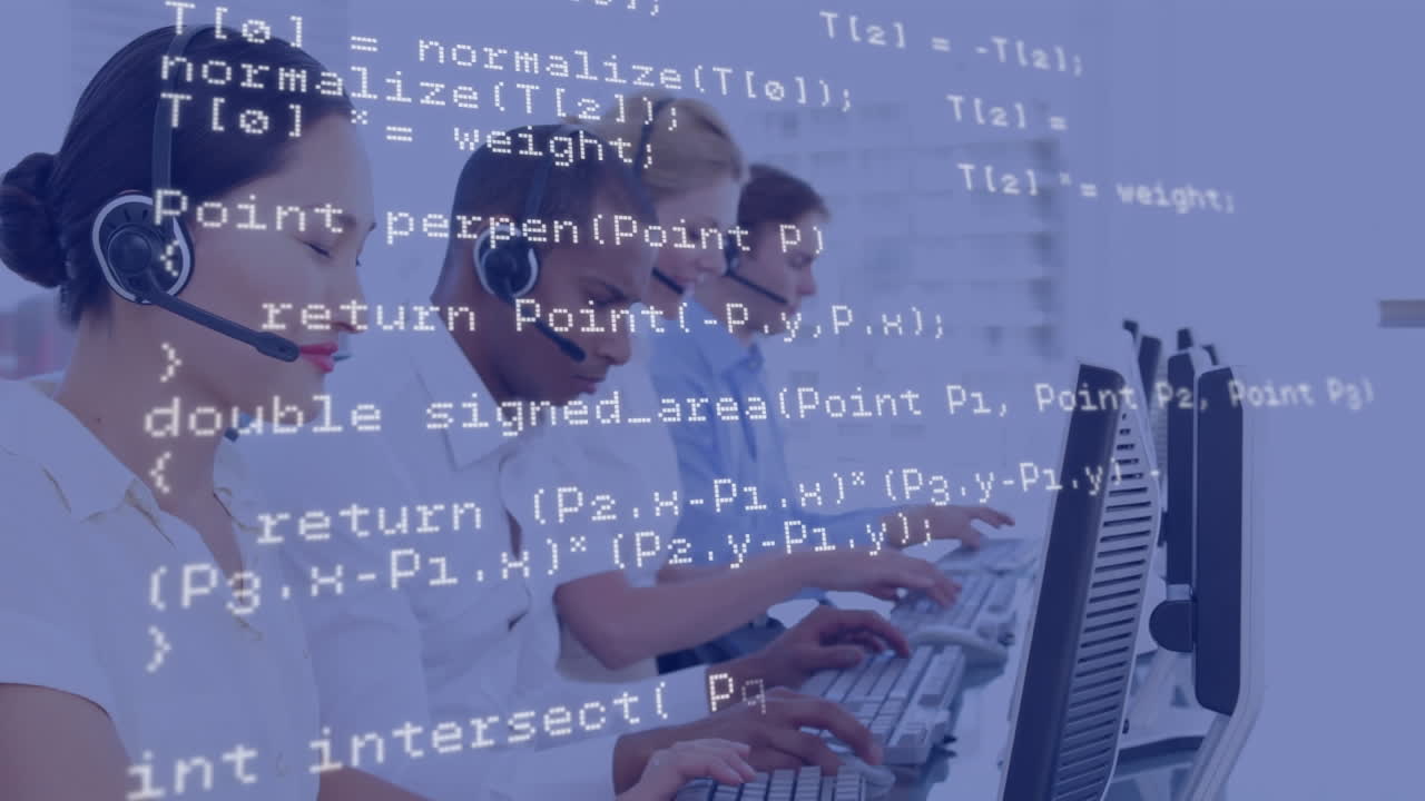 Animation of data processing over business people using phone headsets