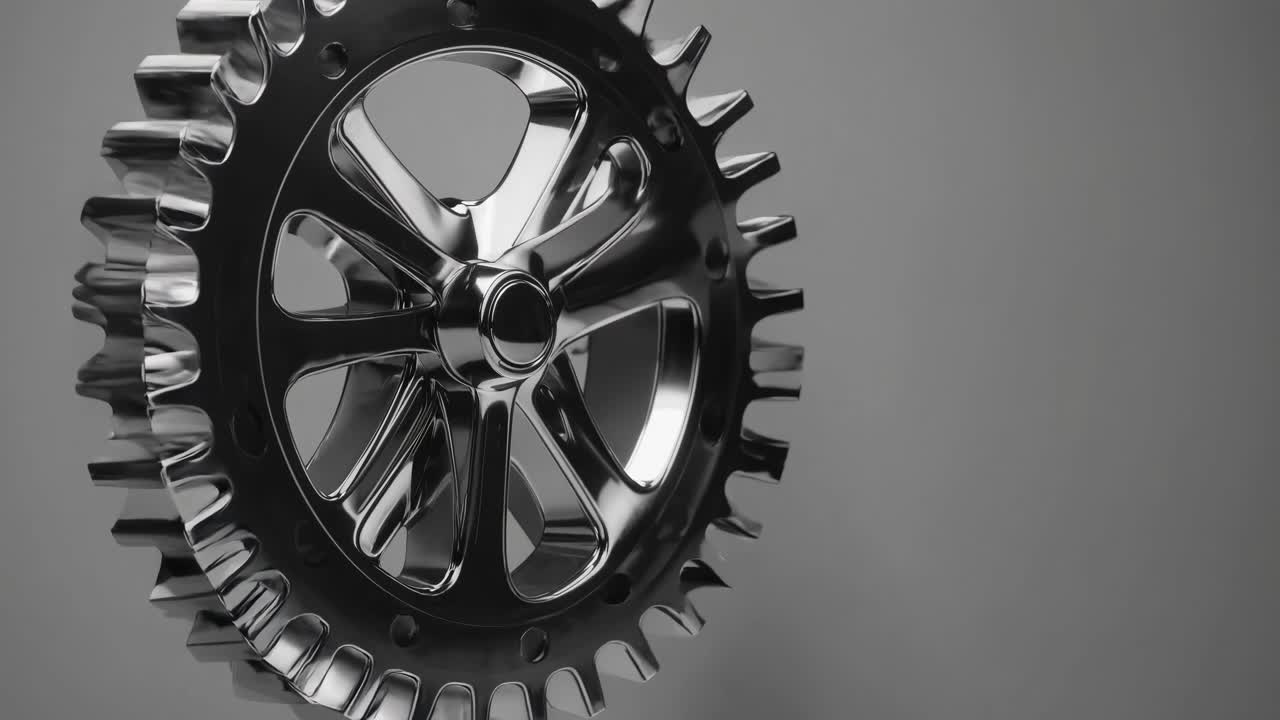 Close-up, angled shot of a shiny metal gear against a gray background, ideal for industrial-themed