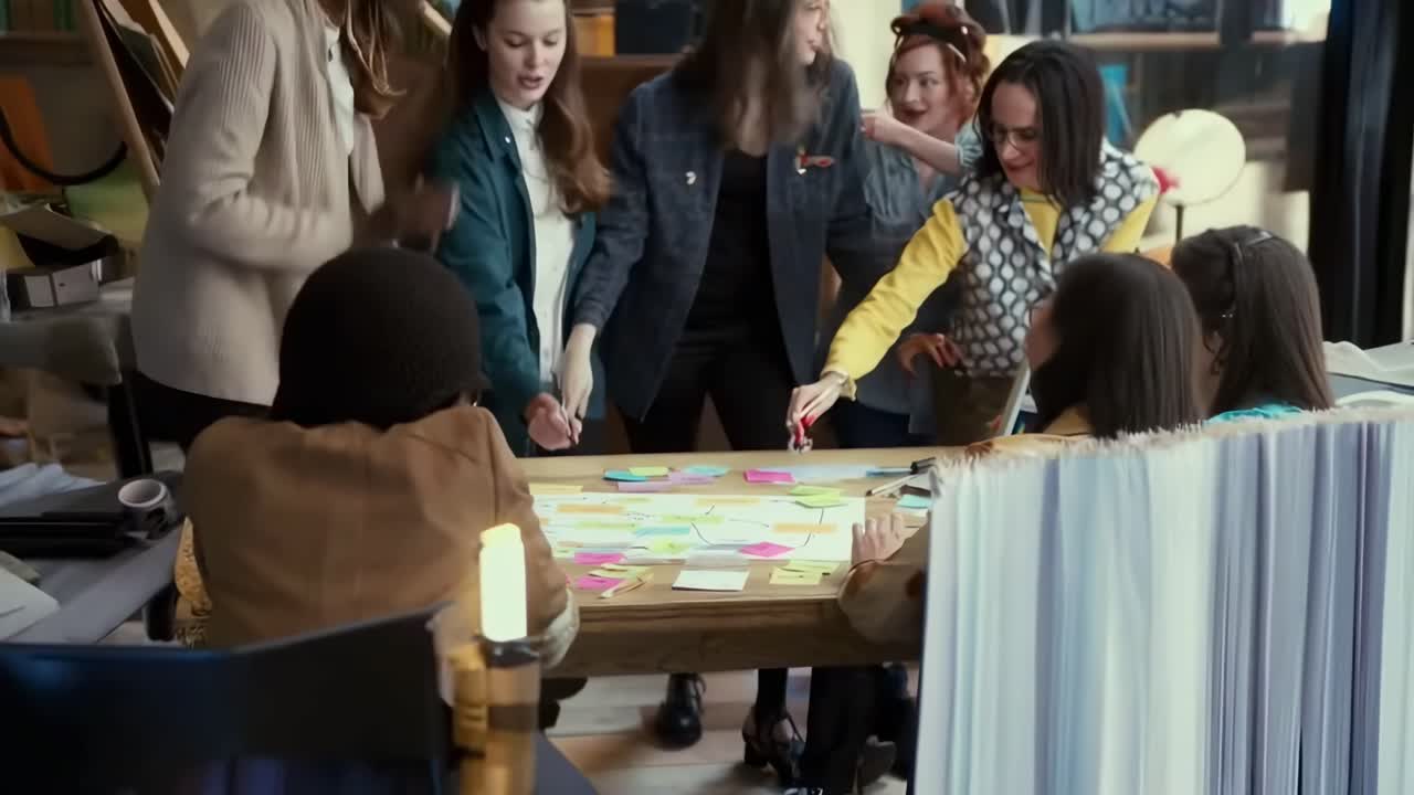 Video dall'alto di una sessione di brainstorming creativa con post-it colorati su un tavolo