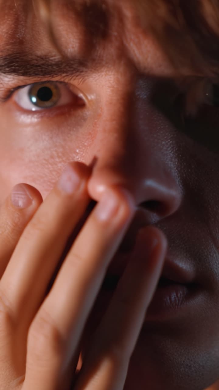 A close-up portrayal of a young man's intense emotional expression, highlighting his piercing eye and contemplative hand gesture in a dramatic lighting setup