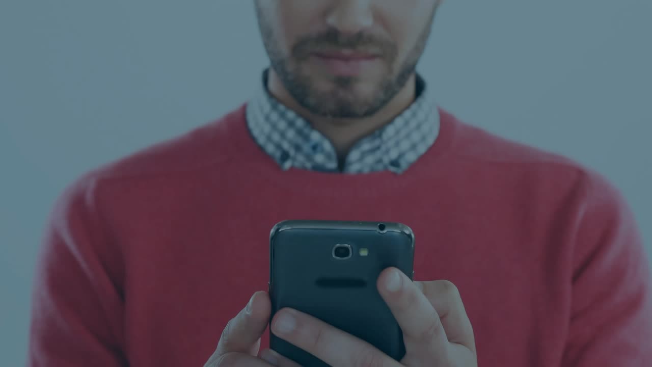 Man holding phone tapping and swiping, reviewing finance data with graphs expanding onto left wall