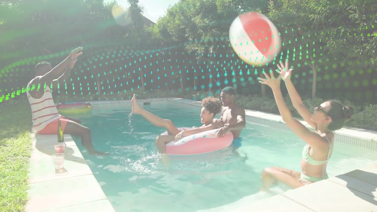 Left man tossing beach ball, friends catching and steadying inflatable in pool for marketing
