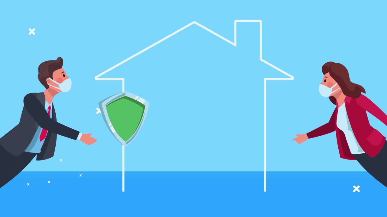 집 안의 방패와 함께 의료 마스크를 착용 한 젊은 부부 애니메이션