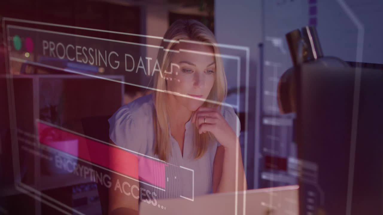 Processing data animation over woman working on laptop in office