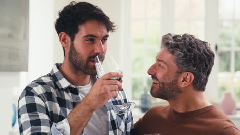 same sex male couple at home in kitchen making toast with glass of wine