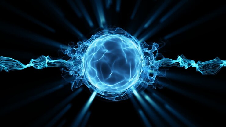 Globo di plasma blu luminoso con campi di energia ondulati