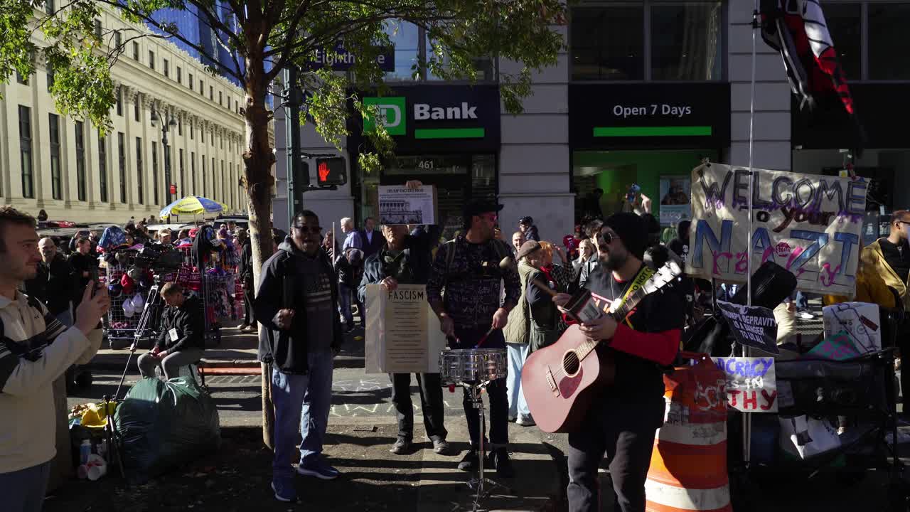 In the sunlight, crowds of protesters surround Madison Square Garden, their voices rising in defiance against Trump throughout the city