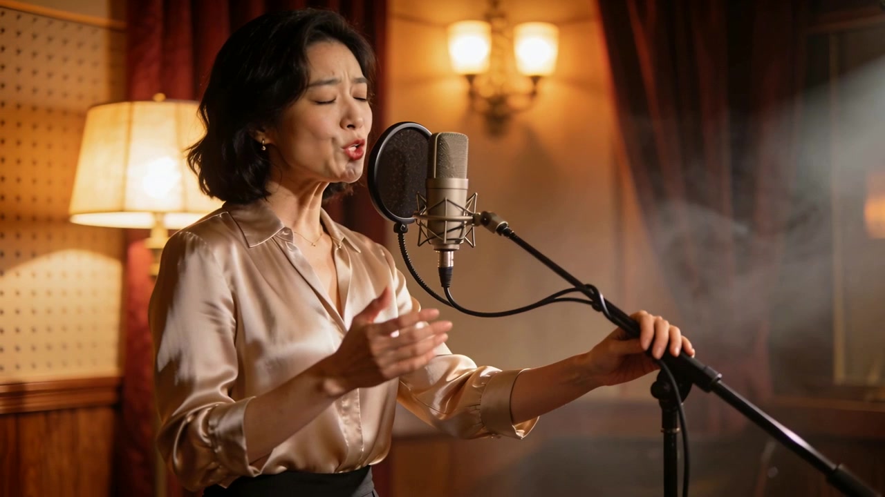 Cantante che indossa una camicetta di seta e una gonna, canta a tempo in studio, modellando le vocali e tenendo l'asta del microfono.