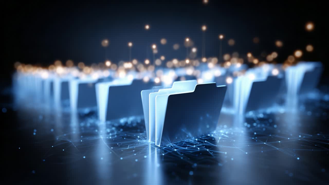 A Digital Landscape of File Folders Glowing Amidst an Abstract Network of Connections in a Futuristic Environment