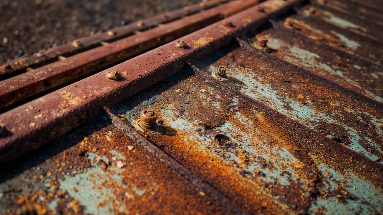 Panning camera over corrugated metal panel in rural lot highlighting rust texture and bolts