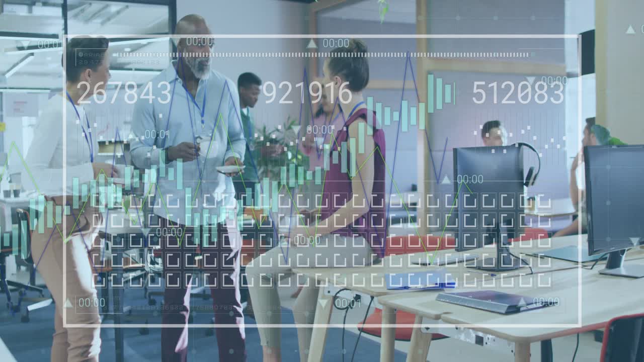 Animation of financial data processing over diverse business people in office