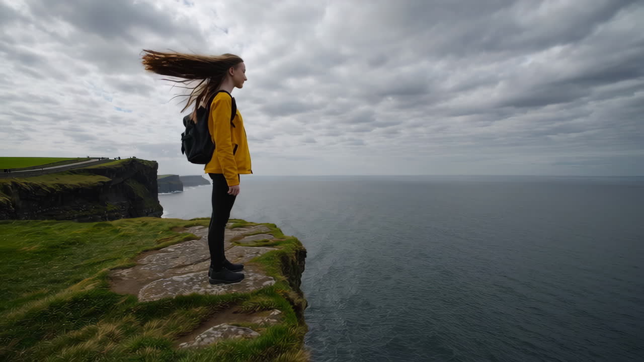 Woman stands on a cliff overlooking the vast ocean under a cloudy sky