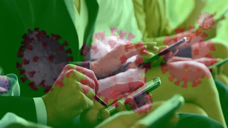 coronavirus cells spreading over people on smartphone.