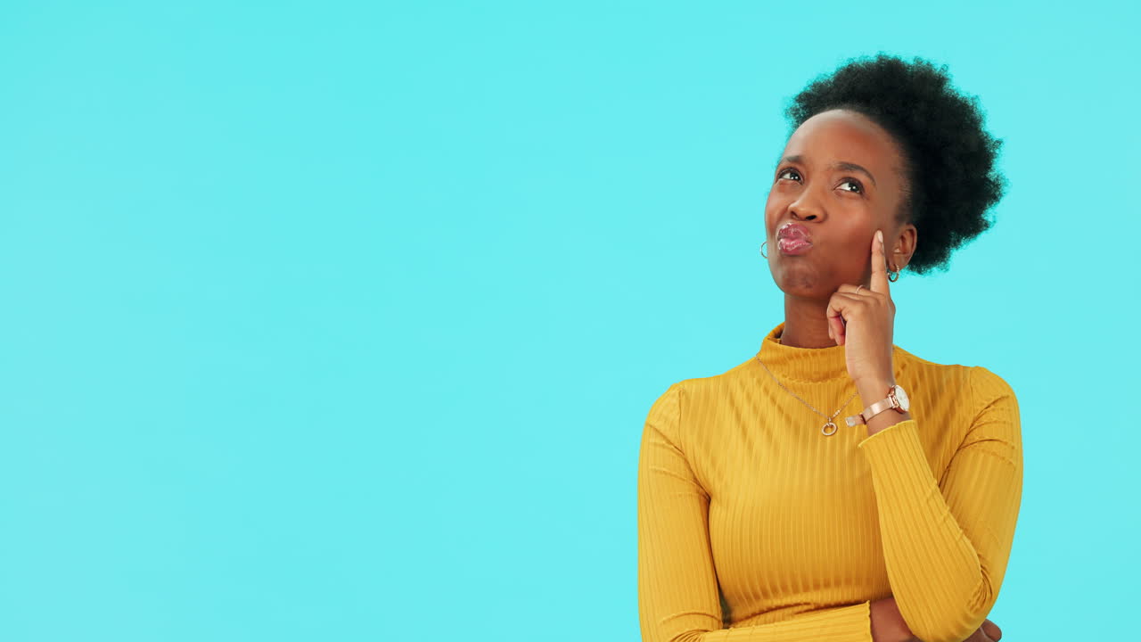 Black woman, thinking and mockup in studio